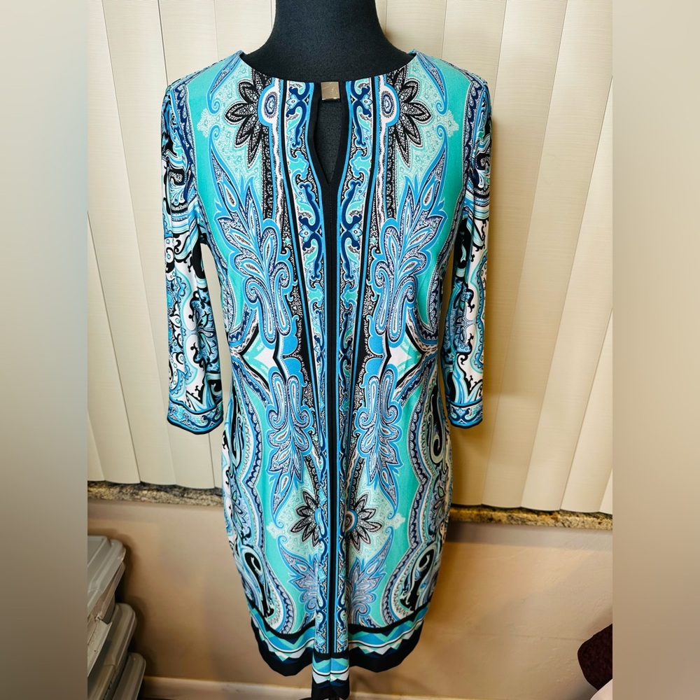 Sandra Darren Turquoise Jersey Shift Paisley Dress Size 8P
